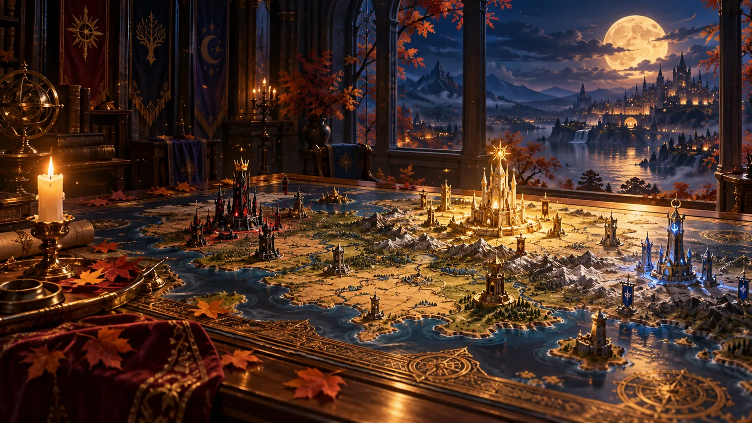 A council of goddesses gathered around a glowing war map in a moonlit fantasy hall